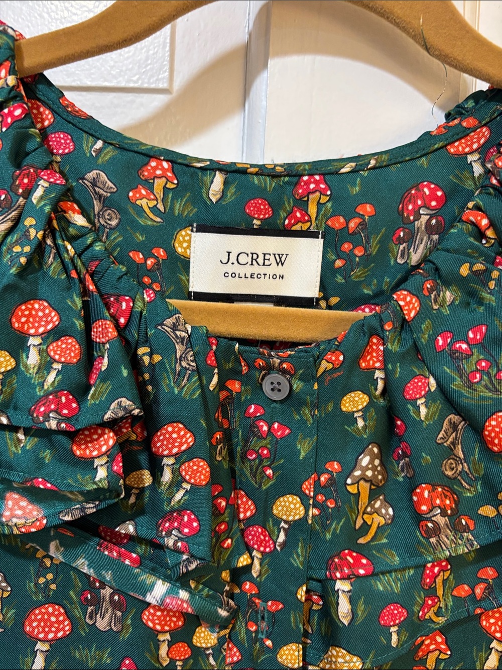 J. Crew Forest Green Floral Ruffle-Trim Blouse - Picture 2 of 6